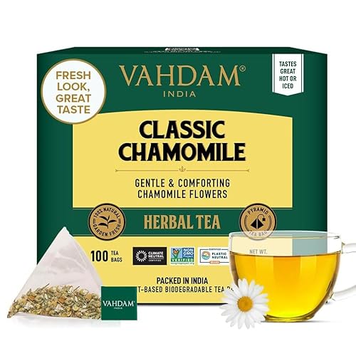 Miniatura 1 de VAHDAM - Té de hierbas con manzanilla (100bolsitas), sin cafeína, sin OMG, sin gluten, infusión 100% pura, dulce y floral, bolsitas con hojas de té