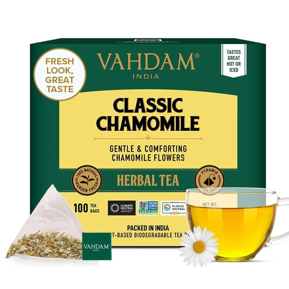 Chamomile Herbal Tea (100 Pyramid Tea Bags) Resealable Ziplock Pouch | Caffeine Free, Non GMO, Gluten Free | 100% Pure Tisane - Sweet & Floral | Made With Natural Chamomile Flowers