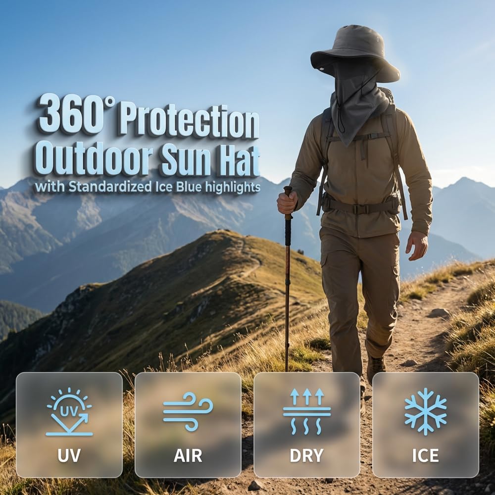Breathable Fishing Hat with Face Cover and Neck Flap, Wide Brim Outdoor Sun Hat for Men Women