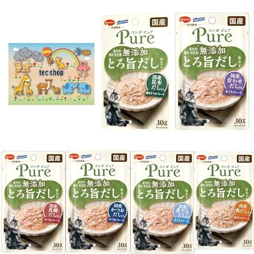 6種類セット コンボ ピュア キャット 無添加とろ旨だし仕立て 国産かつおだし入り+国産煮干しだし入り+国産合わせだし入り+国産鶏だし入り+国産真鯛だし入り+国産昆布だし 30g×6個セット tec shopオリジナルポケットティッシュ付 猫 トッピング