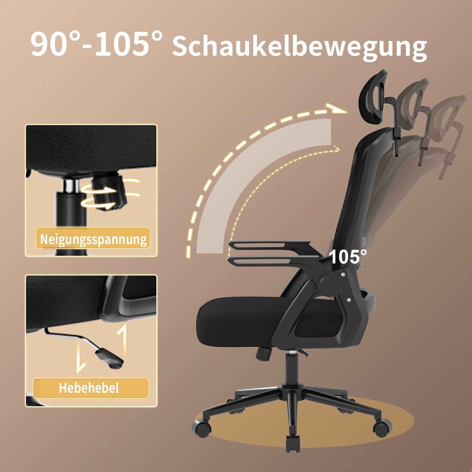 rattantree Schreibtischstuhl Ergonomischer Schwarz für Zuhause Büro | Bürostuhl mit Verstellbaren Kopfstütze Armlehnen, Drehstuhl mit Netzbespannung, Lordosenstütze, Höhenverstellbarer