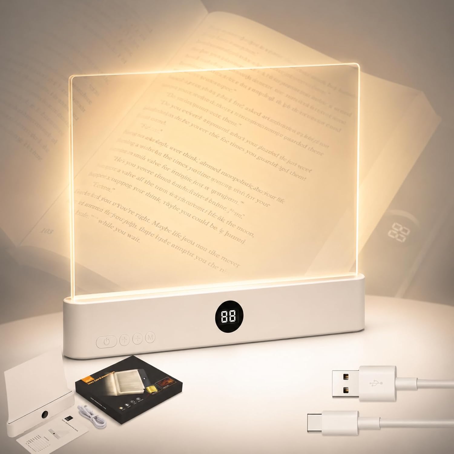 TWINPAIR LED Book Light for Reading, USB Rechargeable Flat Reading Lamp with Full Page Light, 3 Colors 2 in 1 Night Light, Dimming & Timer, White