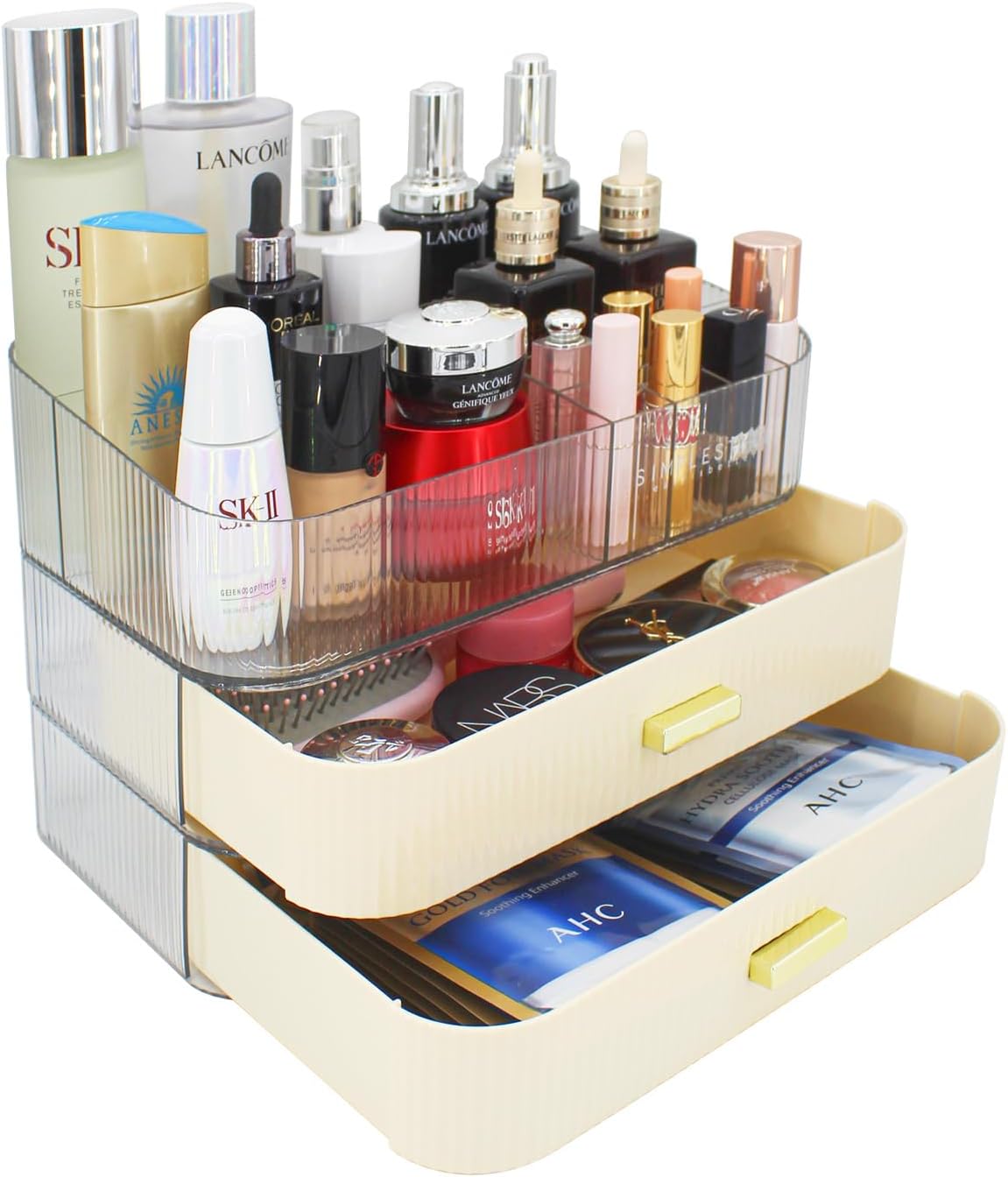 Makeup Organizer with 2 Drawers, Cosmetics Organizer for Bedroom and Bathroom Vanity Countertops, Large Capacity Cosmetic Storage Box for Skincare Cream Perfume Lipstick Dresser Counter-White Grey