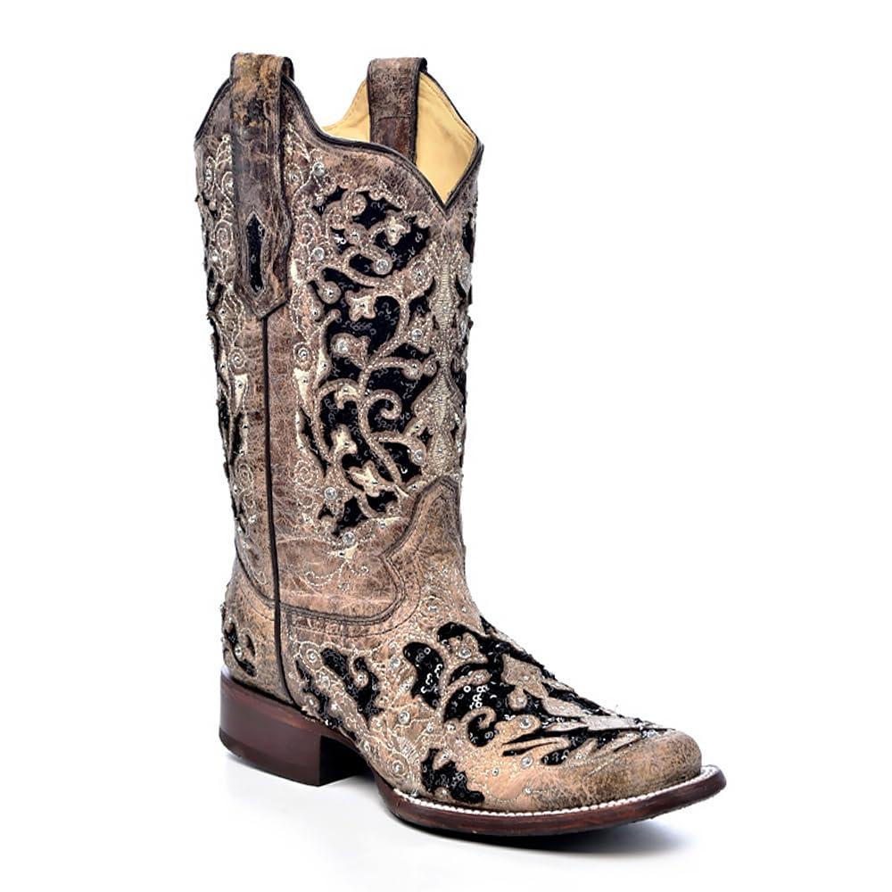 Women's Brown Western Boots | Square Toe Cowboy Boots with Black Glitter Inlay, Floral Overlay and Crystal Studs