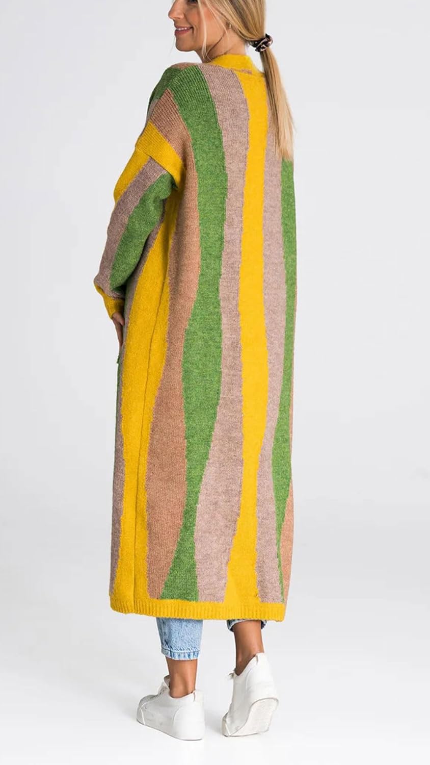 chouyatou Women's Fall Open Front Color Block Long Cardigan Sweater Coat Casual Vertical Striped Coatigan - Image 2