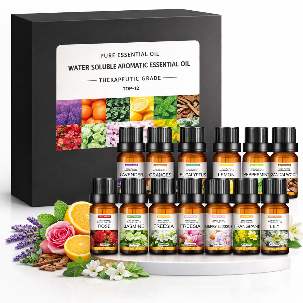 Essential Oils Set for Diffuser, Home Care Diffuser Oils Scents, 100% Pure Therapeutic Grade Oils kit for Home Aromatherapy Gift, 6 Bottles*10mL (12 flavors)