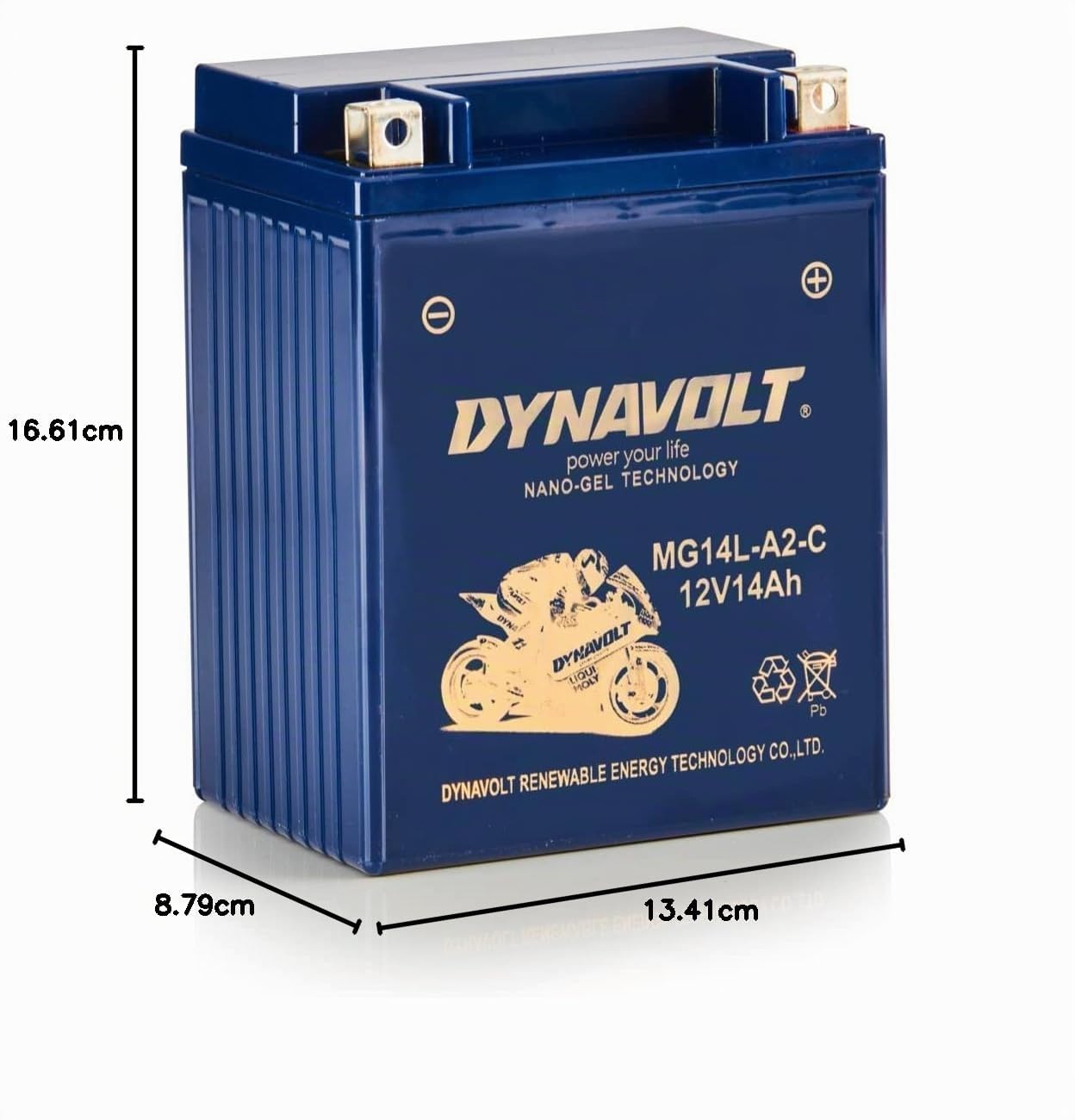 Batterie moto Dynavolt NANO-GEL MG14L-A2-C 12V 14Ah 330A, remplace YB14L-A2, dimensions : 134x88x166mm, sans entretien et étanche Batterie moto gel