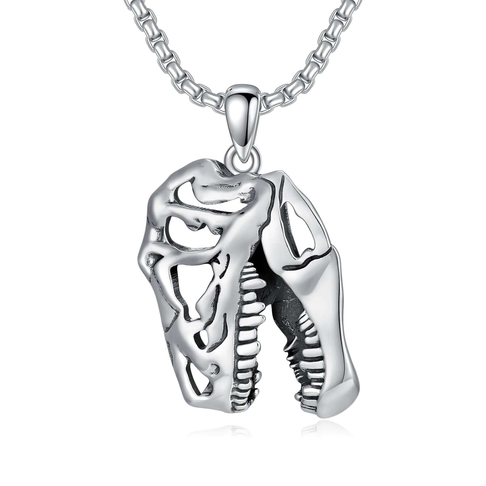 Dinosaur Necklace 925 Sterling Silver T-Rex Skull Pendant Punk Animal Fossil Jewelry for Men
