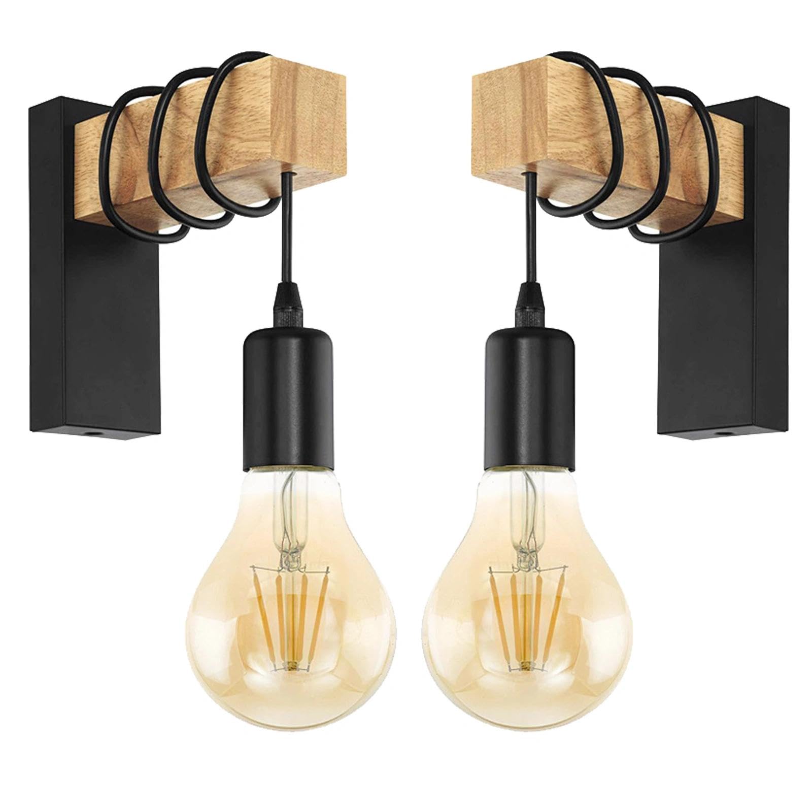 2-pak przemysłowych lamp ściennych w stylu vintage, z dekoracją z drewna, regulowany kabel 85 cm, oprawa E27/E26, uchwyt ścienny 15 cm, retro lampa ścienna w kolorze czarnym