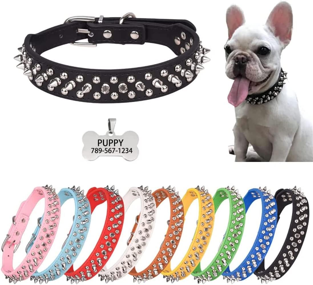 Spiked Dog Collar with Nameplate, Engraved Custom ID Name