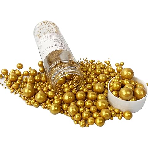 Sprinkles Edible Gold Pearl Sugar Candy 120g/ 4.2oz Mixing Size Baking for Cake Decorations Cupcake Toppers Cookie Decorating Ice Cream Toppings Celebrations Shaker Jar Wedding Shower Party Cover