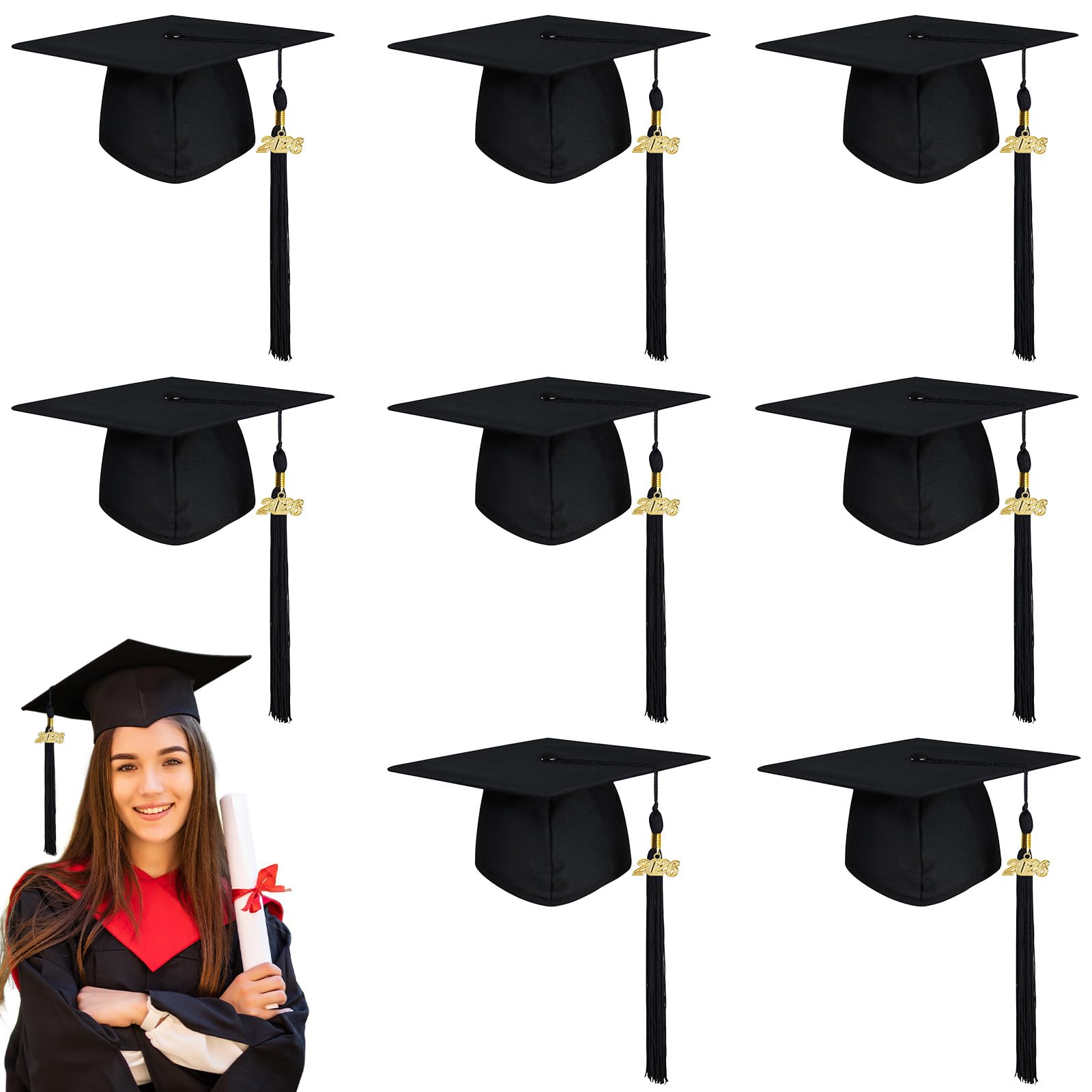 8 Pcs Black Graduation Cap with 2026 Tassel Adjustable Adult Graduation Hat for Women Men Graduation Supplies Fancy Dress Accessory Photo Props