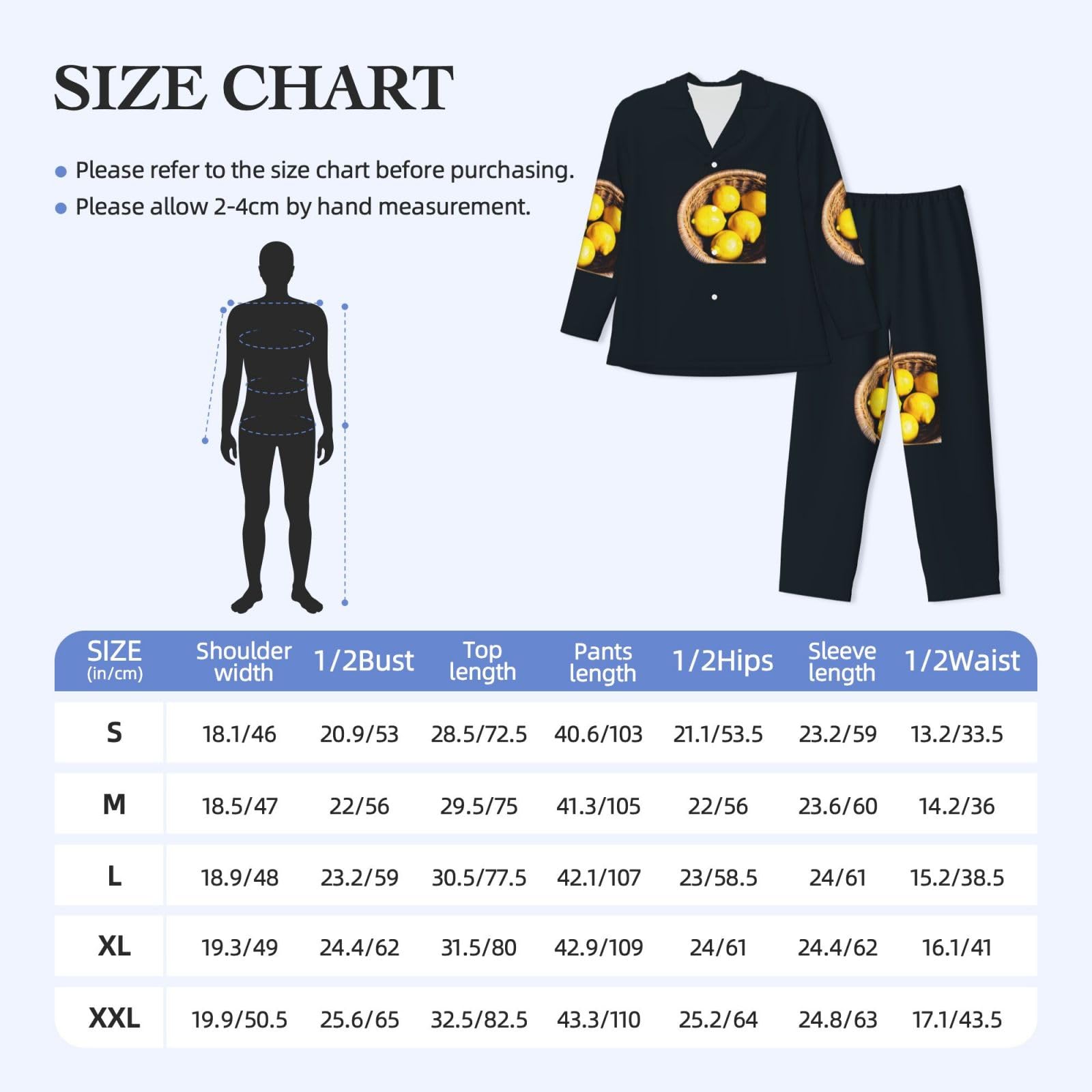 Basket - Conjunto de pijama de manga larga para hombre, diseño de limones, transpirable, acogedor, para fin de semana
