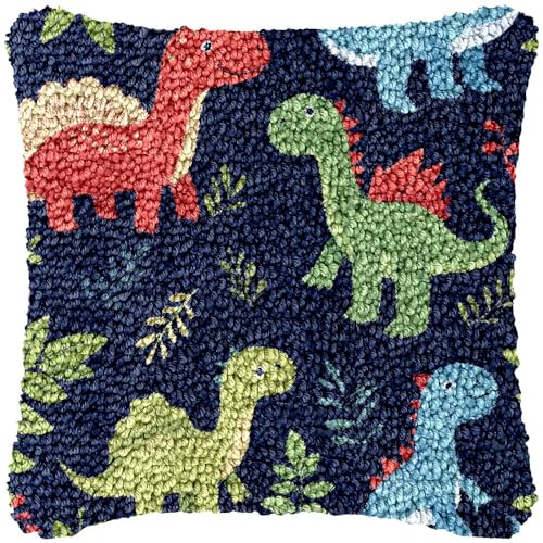 Image of Latch Hook Pillow Kits Color Dinosaurs DIY Pillowcase Cushion Cover Crochet Hooking Pillow Rug Making Kits with Color Pattern Canvas Crochet Hooking Kits Pillow 43x43cm
