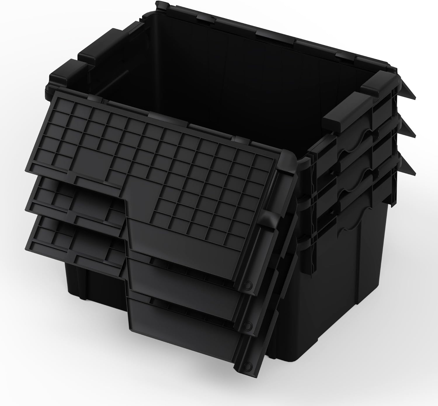 Attached Lid Tote Box 22 x 16 x 10 Inch, Heavy Duty Stackable Plastic Storage Container with Hinged Lids, Durable Nestable Bin for Industrial, Tools, Garage, Warehouse and Logistics Use (3, Black)