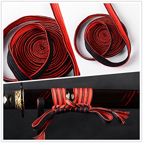 Synthetic Silk Leather Ito Wrapping Cord Sageo For Japanese Samurai Swords Handle Saya (Black-Red Synthetic Silk Sageo No.1)