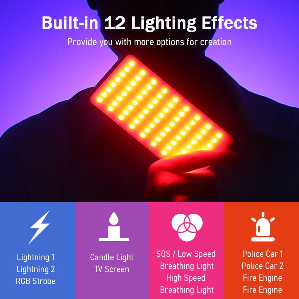 Luce led RGB HUIOP Luce video RGB portatile Pannello luce di riempimento a LED 3000K-8500K Dimmerabile 12 effetti di luce CRI97+ Batteria integrata con adattatore Cold Shoe per Vlog Streaming live Vid