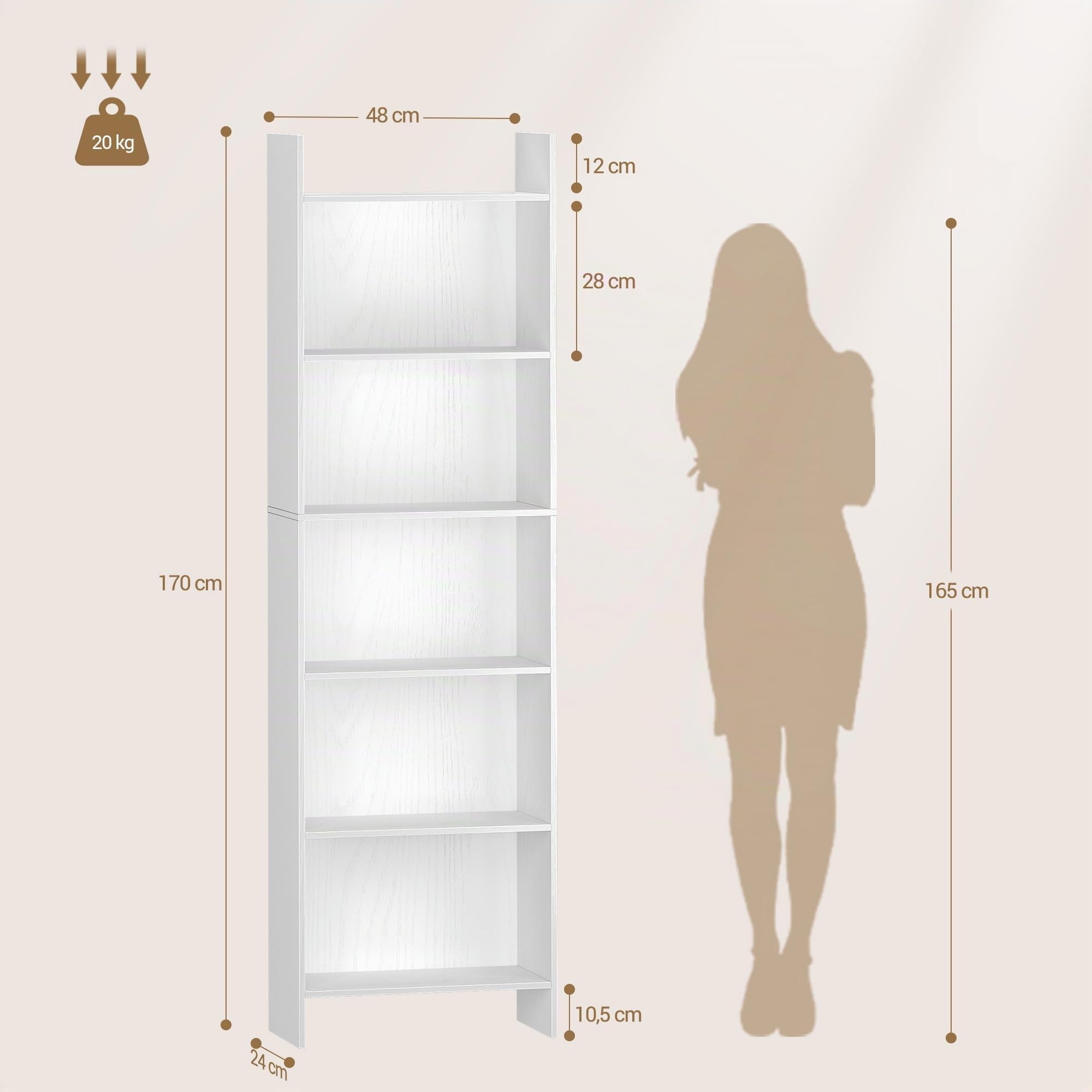 Hzuaneri Librería, Estantería de 6 Niveles, para Salón, Estudio, Oficin, Dormitorio, Estilo Escandinavo, 24 x 48 x 170 cm, Blanco 01103XBC