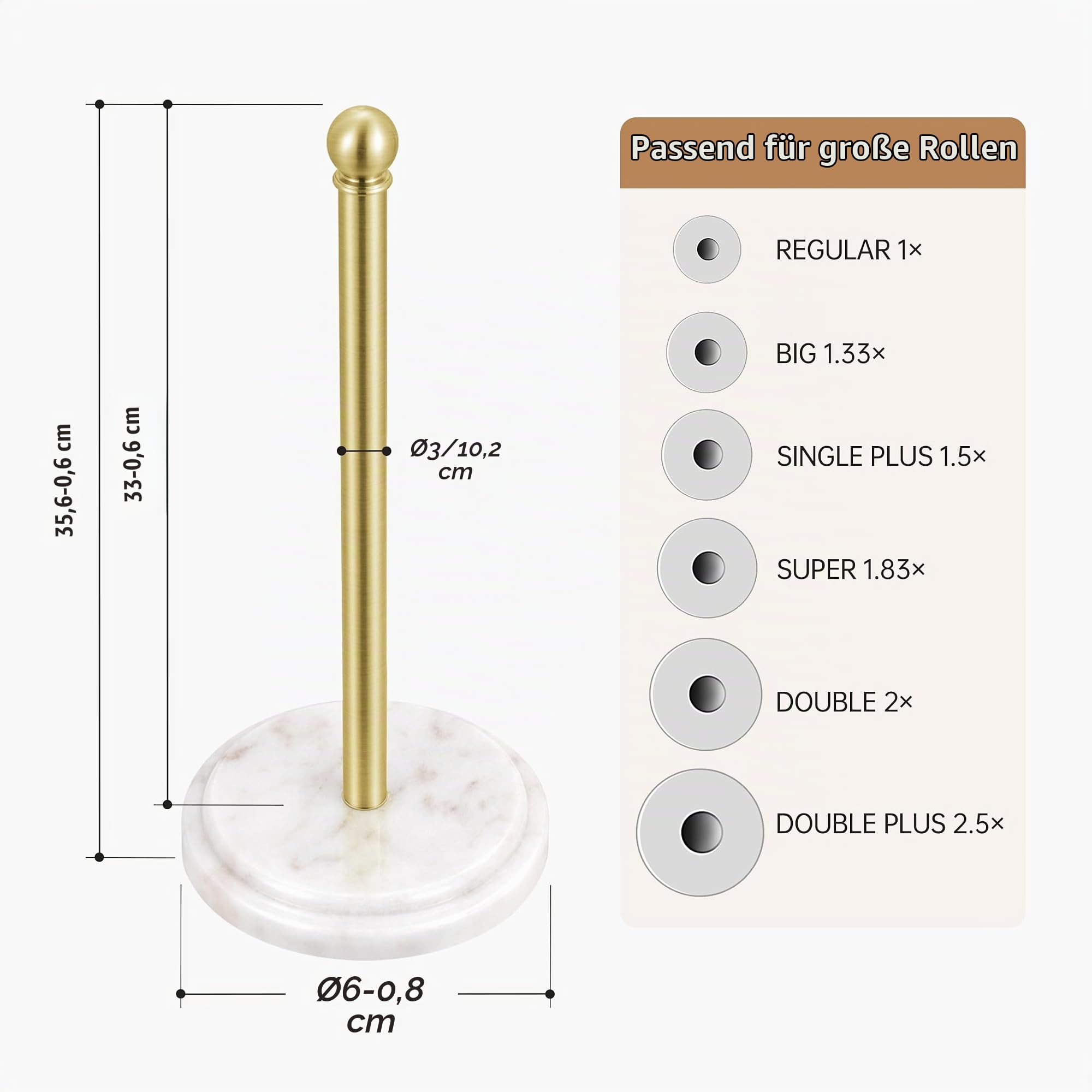 KES Küchenrollenhalter Marmor Stehend, Küchenrollenhalter Stehend Arbeitsplatte, Küchenrolle Halter Küchenpapierhalter aus 18/8 Edelstahl, Rostfrei, Gebürstetes Gold, KPH208-BZ