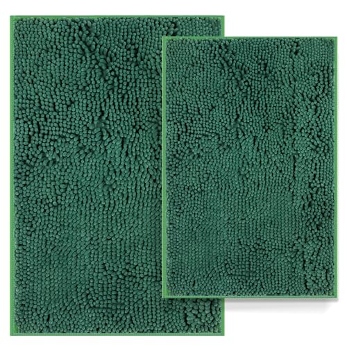 Luxury Bathroom Rug Mat 24x16+20x32, Extra Soft and Absorbent Chenille Bath Rugs, Plush Shaggy Bathroom Carpet, Non-Slip Bathtub Mat, Bath Mats for Bathrooms Floor, Tub and Shower, Deep Gree