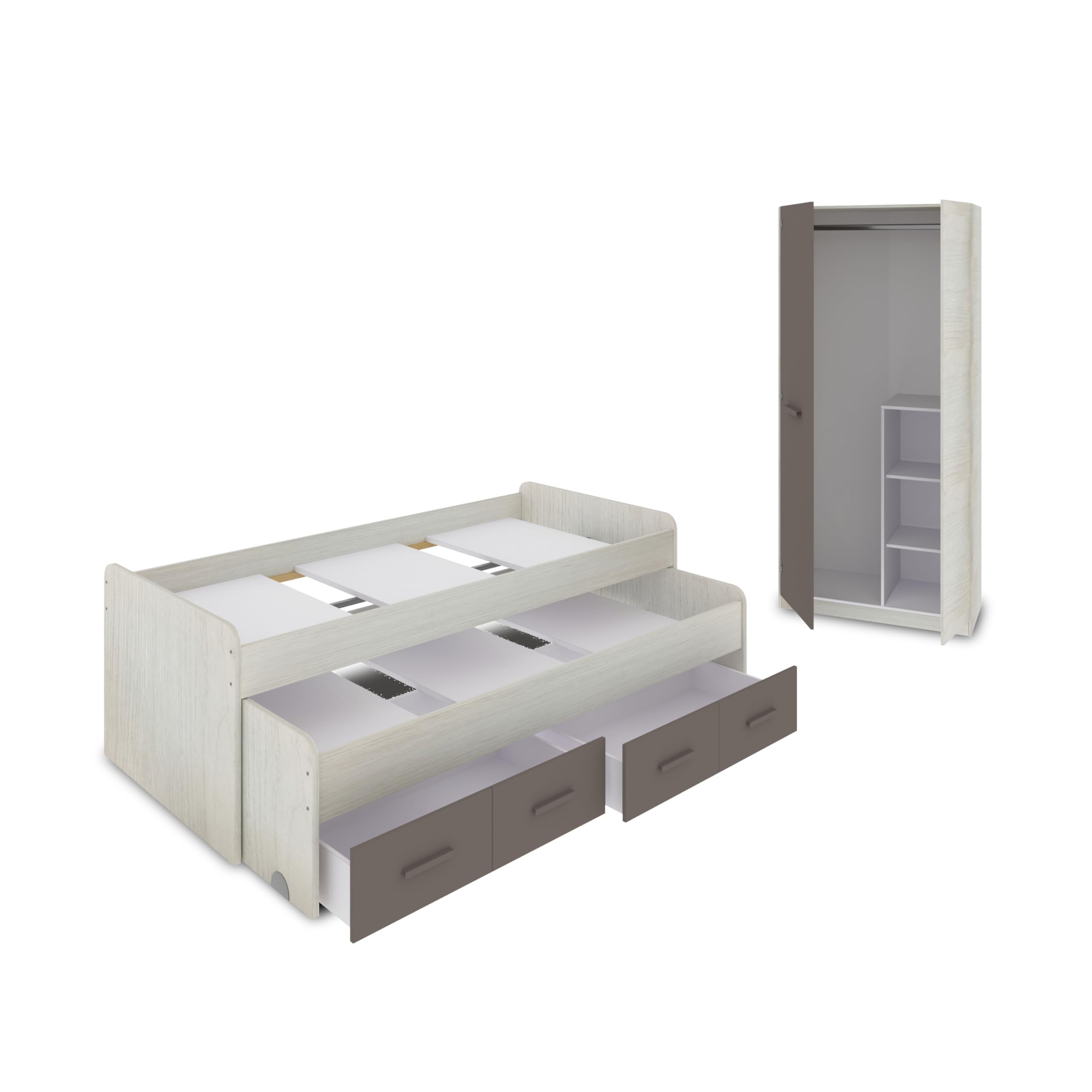 duehome | Pack de Dormitorio Juvenial con Cama Nido Juvenil y Armario, Conjunto de Dormitorio Infantil, Modelo Axim Plus, Acabado en Blanco Alpes y Basalto