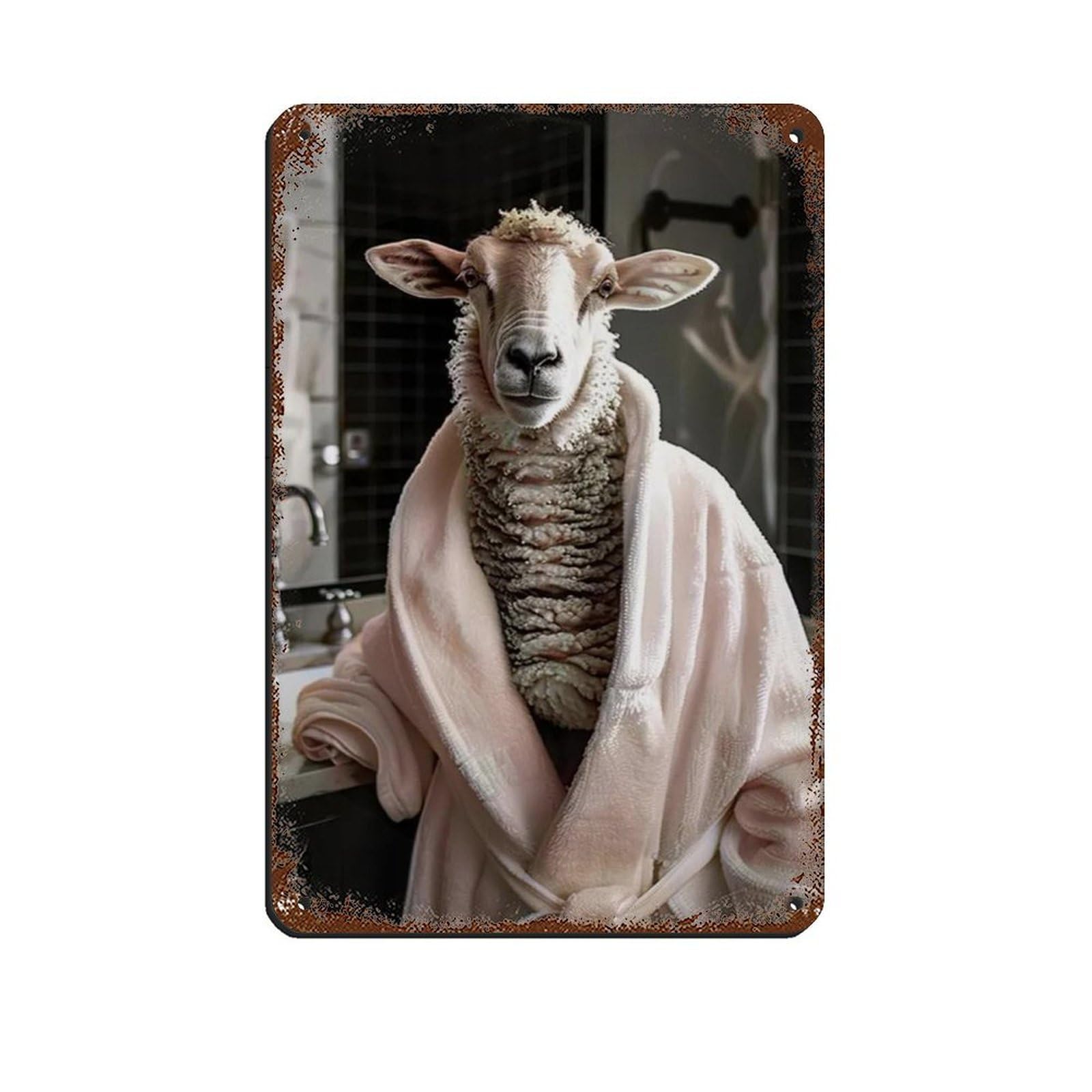Funny Sheep in Bathrobe, Bathroom Art Retro Poster Metal Tin Sign Chic Art Retro Iron Painting Bar People Cave Cafe Family Garage Poster Wall Decoration 8x12inch(20x30cm)