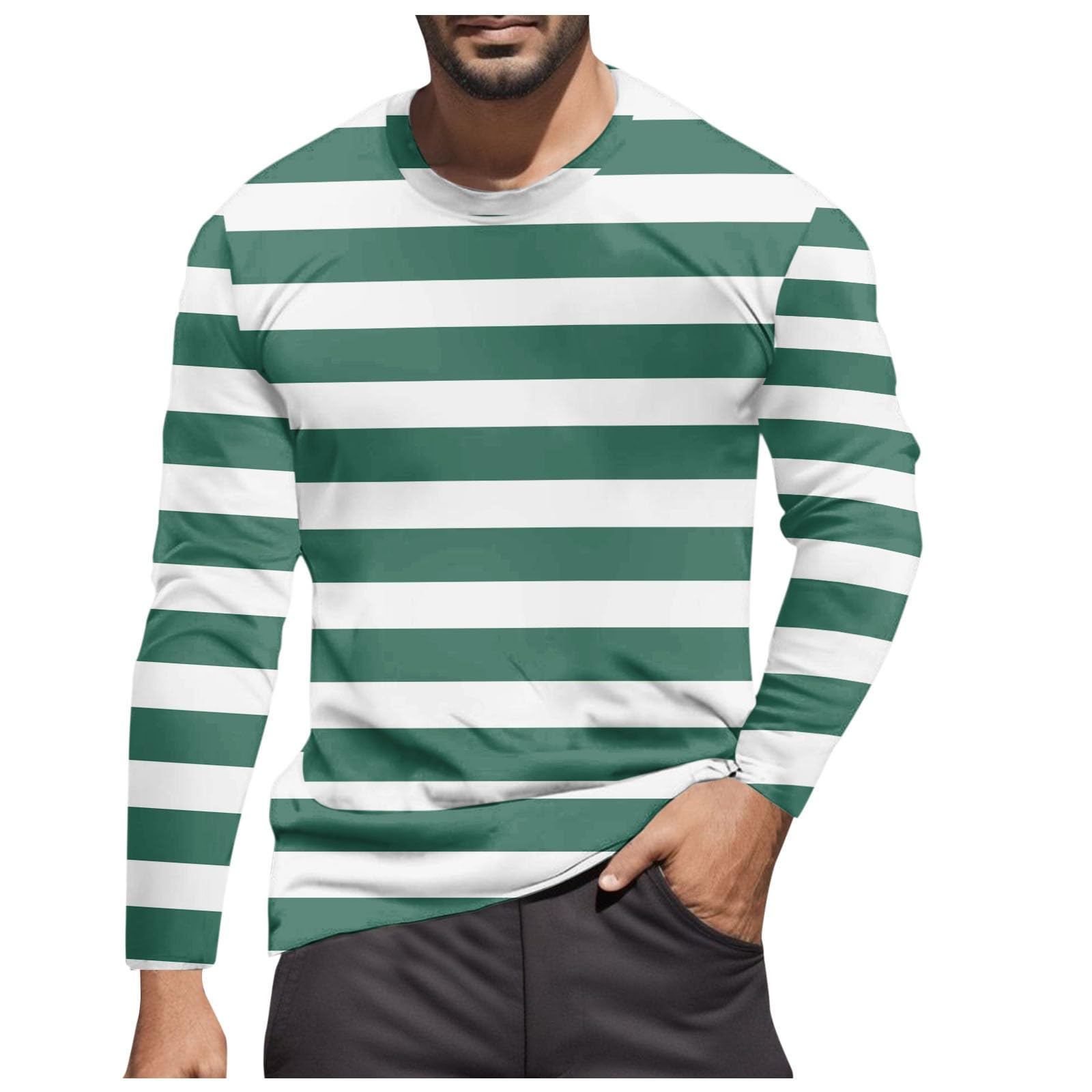 Striped Shirt Men Women Red White Long Sleeve T-Shirt Carnival Long Sleeve T-Shirt Horizontal Stripes Wide Stripes Fine Stripes Crew Neck Leisure Top Striped Shirt Fancy Dress Costumes, Green-11, XL