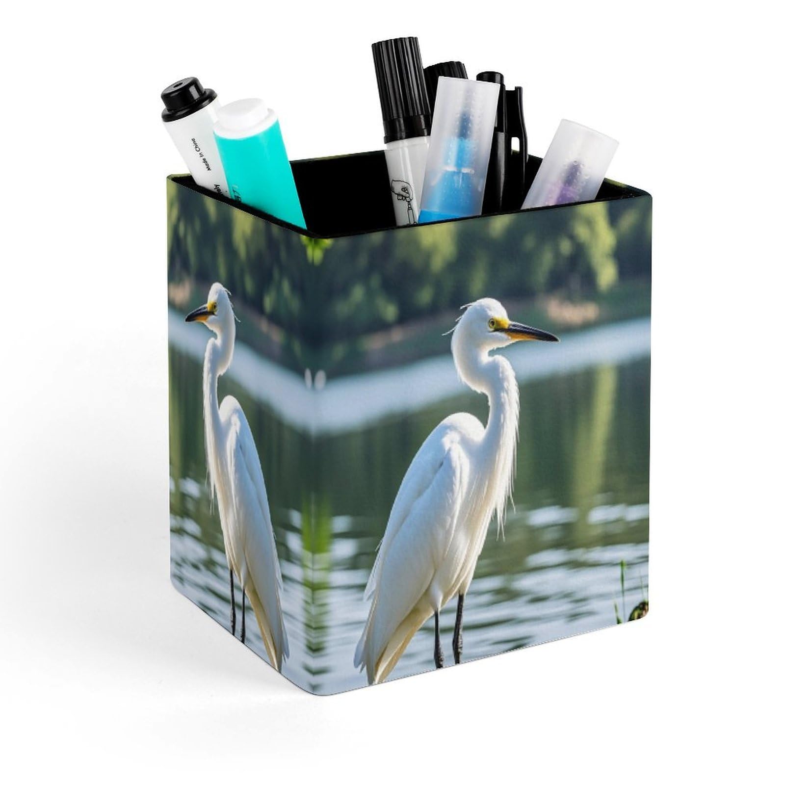 FekiLoot Heron Pencil Holder for Desk Square Leather Pen Holder Cup Desktop Organizer Multi-Functional Pencil Cup Holders Modern Decorative Desk Organizer Caddy Makeup Brush Holders