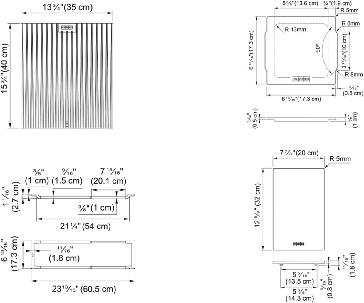Dibuix tècnic amb dimensions dels components del sistema Franke All-In