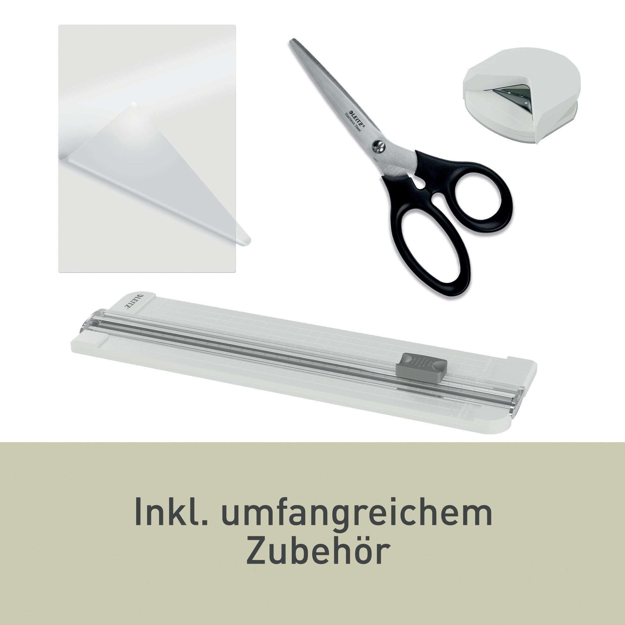 Leitz iLAM Home - Kit fai da te per plastificatrice A4, taglierina, forbici in acciaio inox e arrotondatore angolare, plastificatrice a caldo, con 30 buste per plastificazione, 75-125 micron, per casa