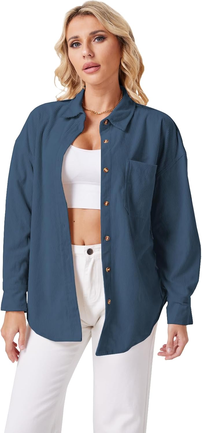 Womens Corduroy Button Down Shirts Dressy Casual Long Sleeve Blouses Oversized Fall Tops Jackets Shackets 2025 - Image 2