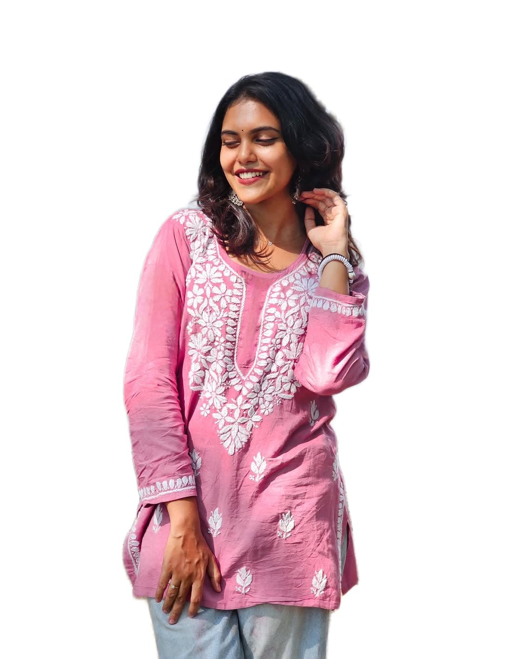 house of the sukh Womens Viscose Rayon Chikankari Embroidered with Botanical Floral Motif Design 3/4 Sleeves Round Neck Kurti-picture-17