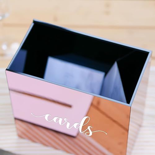 Miniatura 6 de UNIQOOO Caja de tarjetas de boda de acrílico con espejo de oro rosa metálico con ranura, grande de 10 x 10 x 5.5 pulgadas con impresión blanca