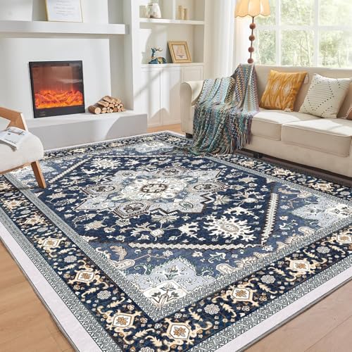 OPPODREAM Soft Area Rugs 9x12 Living Room, Washable Rugs 9x12 with Non Slip Backing, Faux Cashmere Low-Pile 9 x 12 Carpet, Navy Blue & Gold