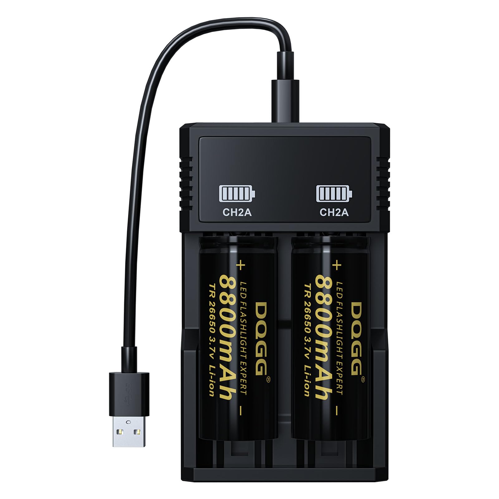 PAOWANG 26650 Rechargeable Battery 3.7Volt Flat Top 8800mAh High Capacity for Led Flashlight Headlamp(2 Pack,26650 Battery+Charger)