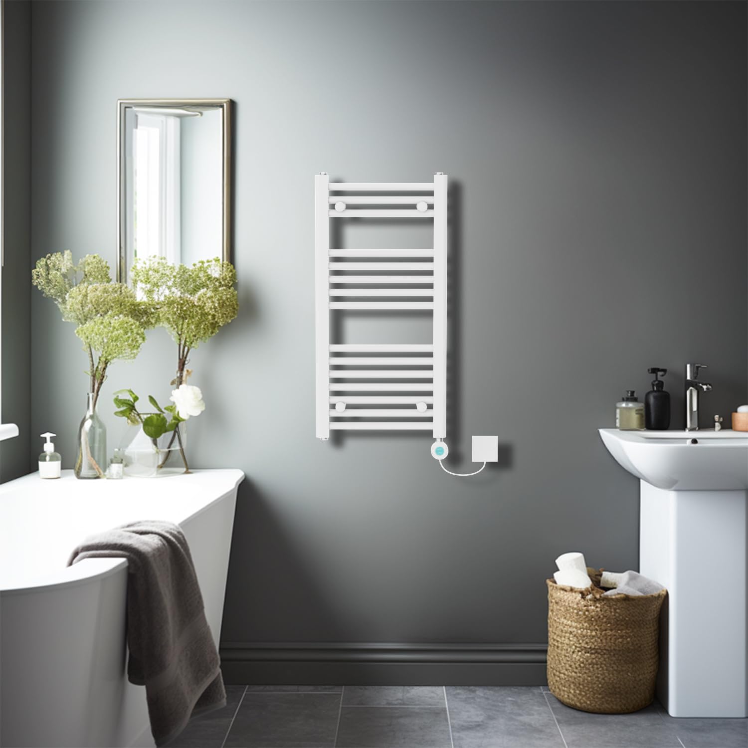 Nrg White Prefilled Straight Electric Heated Towel Rail Radiator Thermostatic Bathroom Warmer With Lcd Display 800X400mm - 400Watt