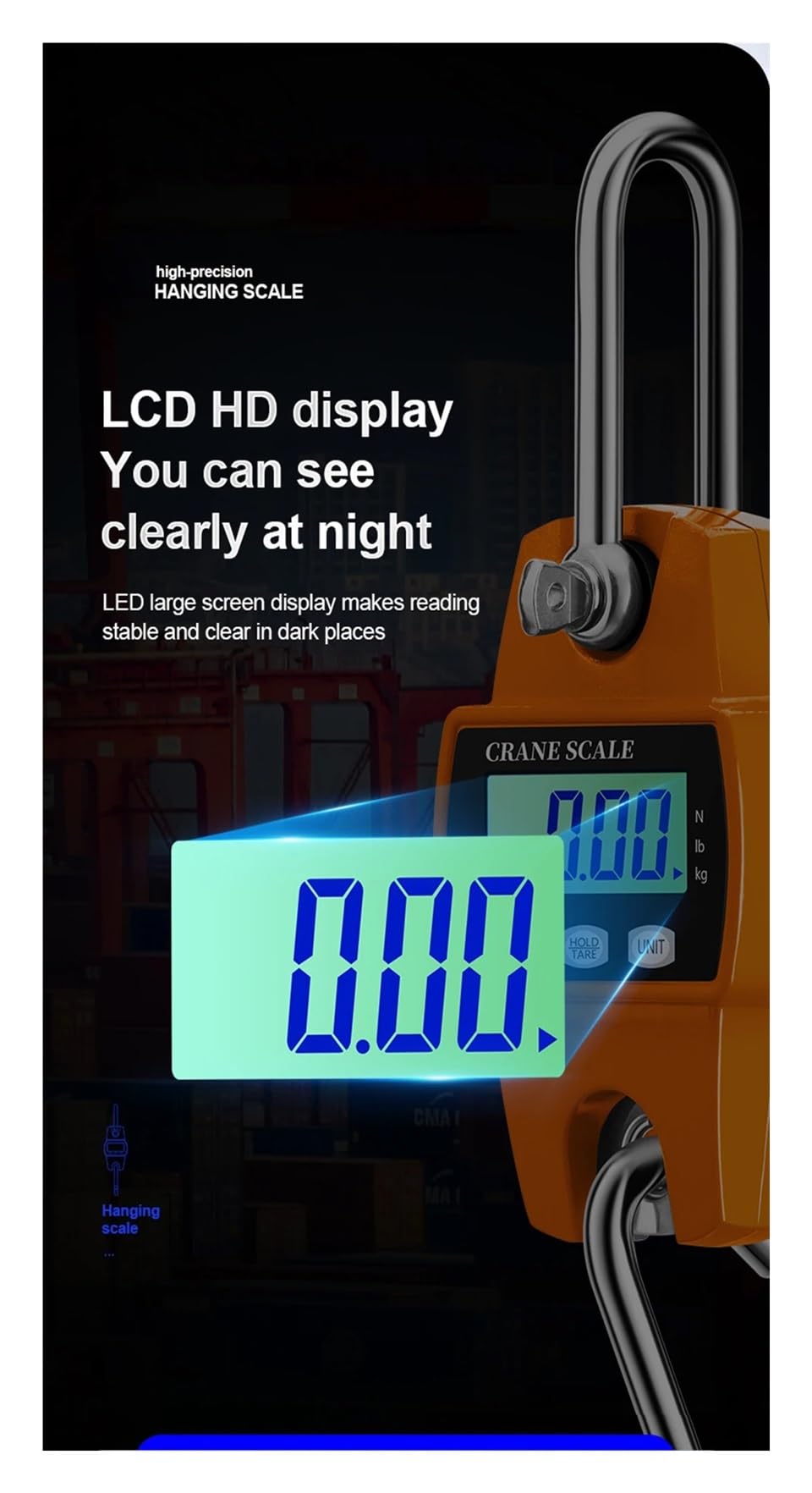 300 kg Precyzyjna waga dźwigowa, przenośna elektroniczna wisząca ze stali nierdzewnej, cyfrowa przemysłowa LCD Kg/Lb/N do budownictwa(Orange)