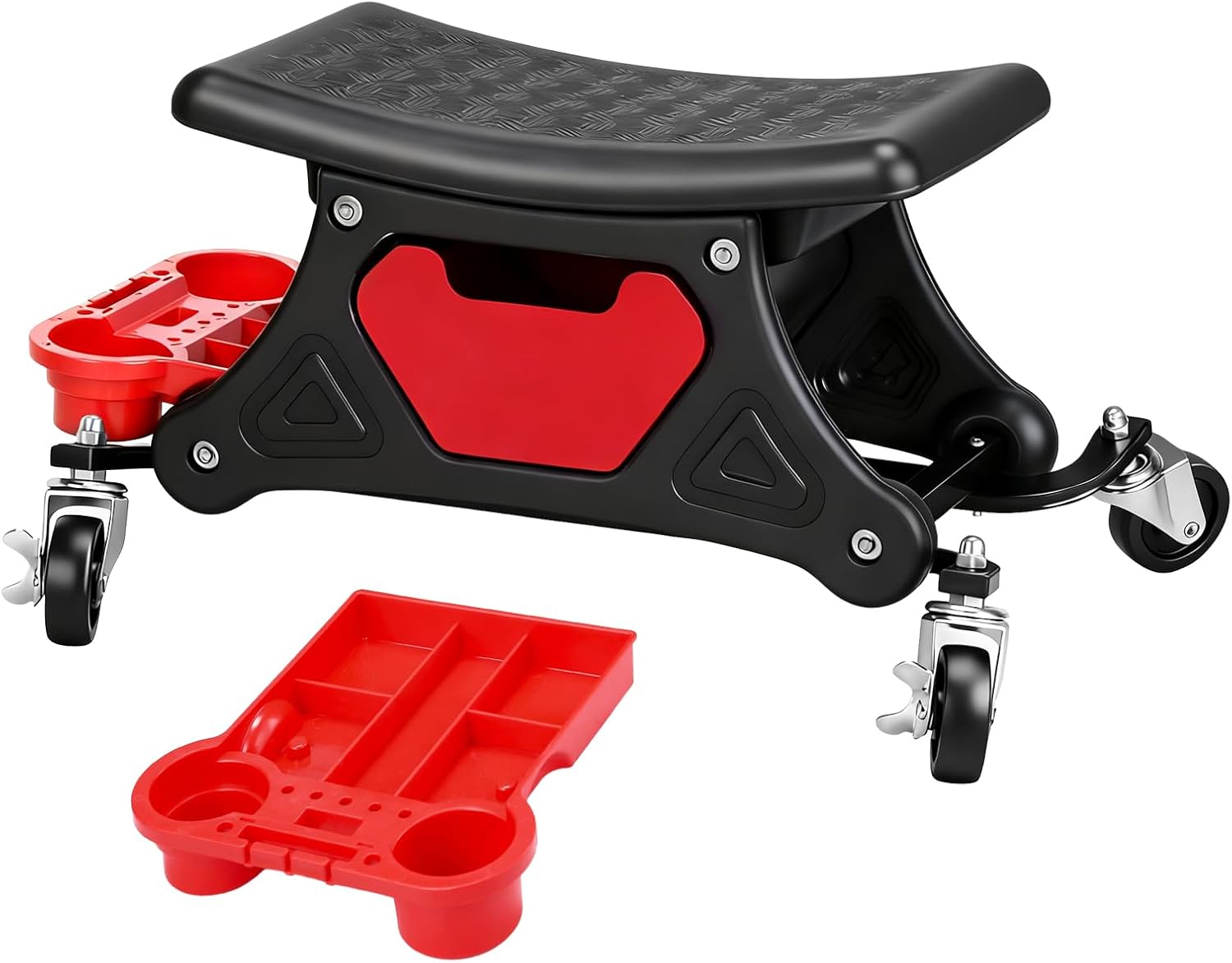 Mechanic Stool with Wheels,300 LBS Capacity Garage Stool,Heavy Duty Rolling Mechanics Seat with Slide Out Tool Trays and Drawer,Tools for Automotive Auto Repair RED