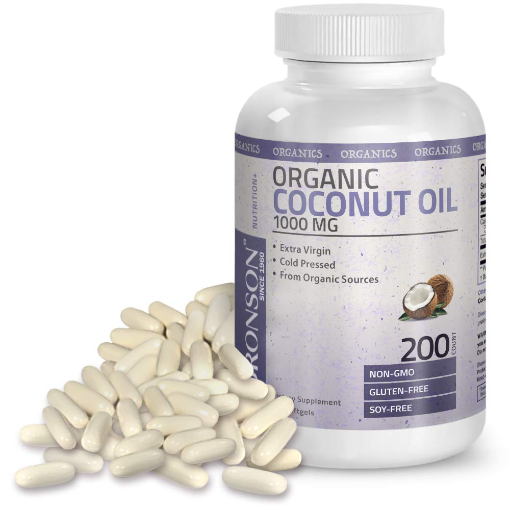 Bronson Organic Coconut Oil 1000 mg Capsules - Healthy Hair Skin Nails & Weight – Extra Virgin Cold Pressed, Unrefined Non GMO - Support Brain Function Blood Pressure Anti Aging – 200 Softgels