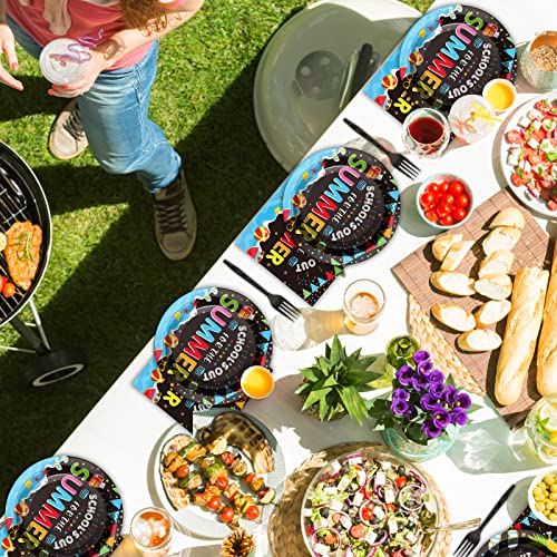 Image of 96 Pieces End of School Year Theme Tableware Set for Kids Class Summer Table Decorations Supplies School's Out Dessert Plates Napkins Forks for 24 Guests Tropical Beach Pool Disposable Party Favors