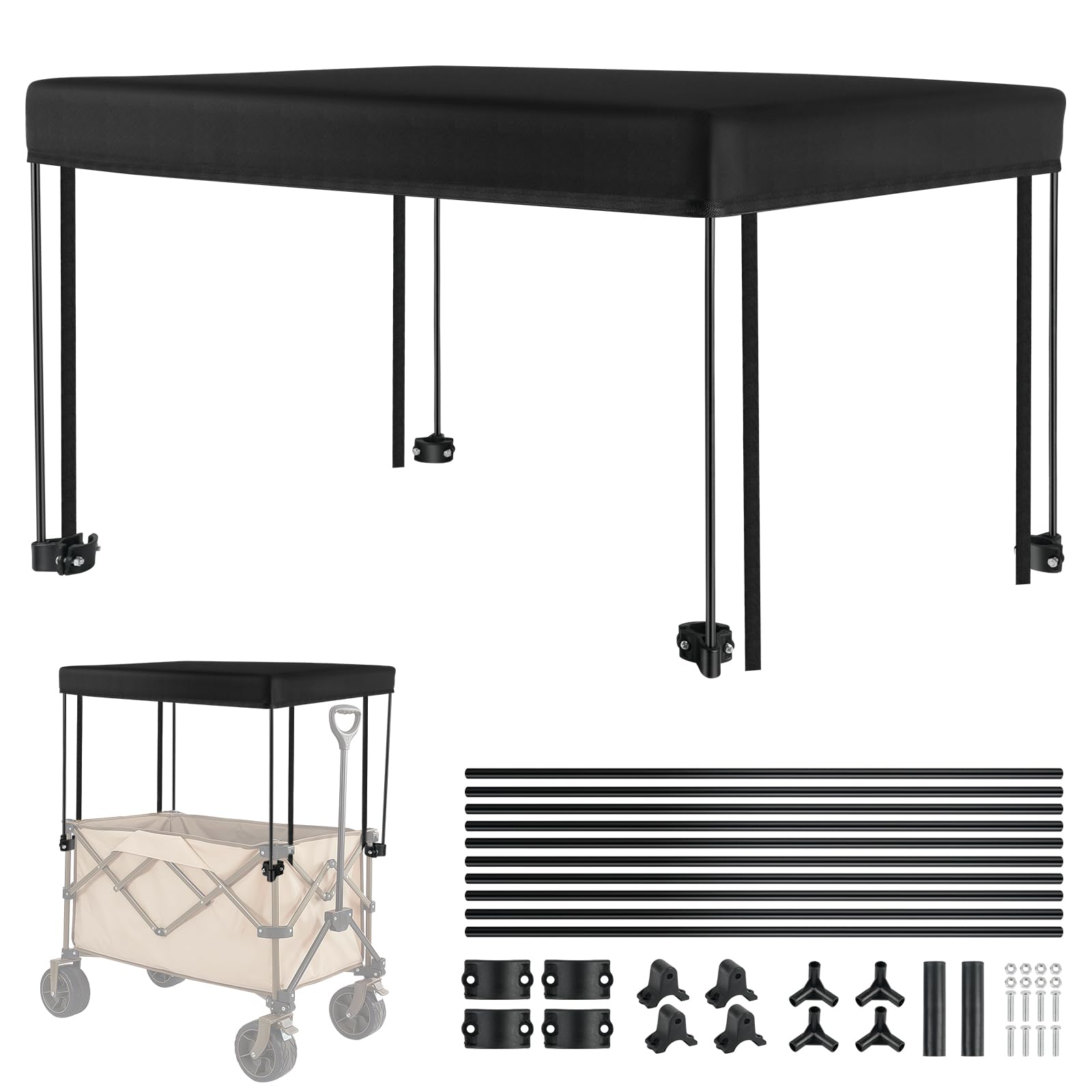 Roadtime 10 Support Rods Awning for Handcart, Foldable Rain Cover, Awning Shade Cover for Children, Beach, Push-Pull Wagon, Cart Replacement, Waterproof, Removable (L90 x W45 x H50cm), Black