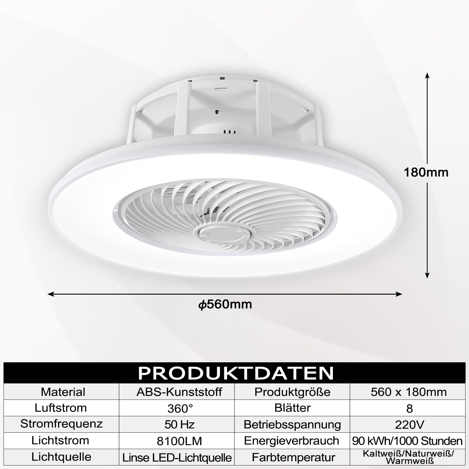 UISEBRT 90W Deckenventilator mit Beleuchtung Moderne LED Deckenleuchte Dimmbar Deckenlampe mit Ventilator & Fernbedienung Lüfterlicht für Wohnzimmer Esszimmer Schlafzimmer