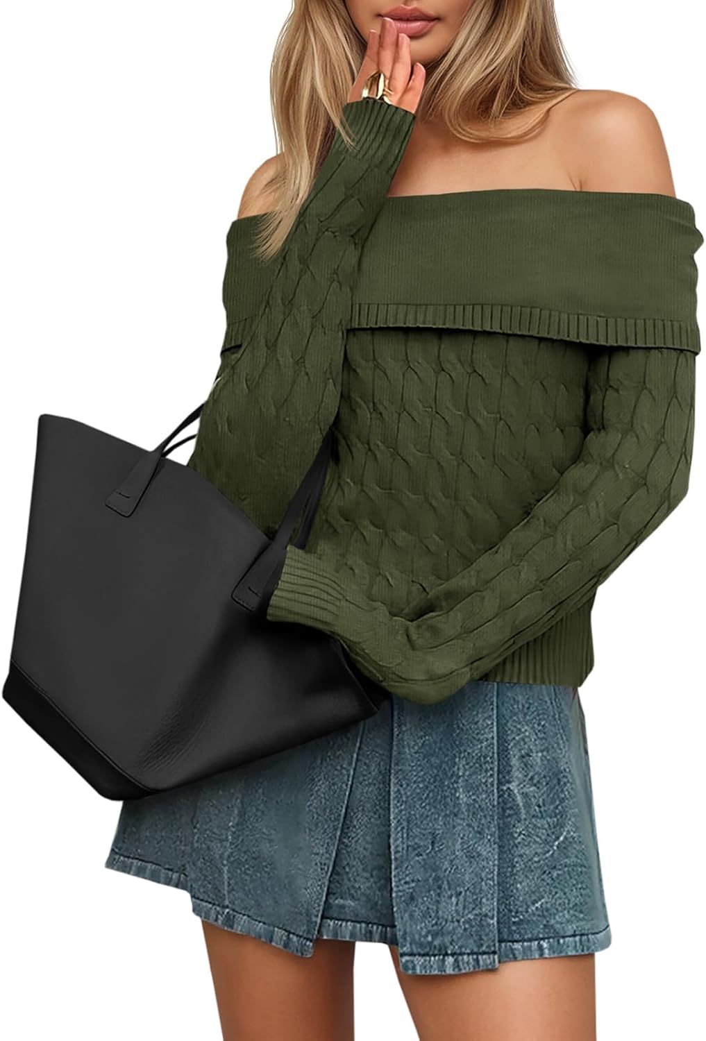 Saodimallsu Womens Off The Shoulder Sweaters Cable Knit Long Sleeve Sexy Fitted Fall Dressy Going Out Pullover Tops