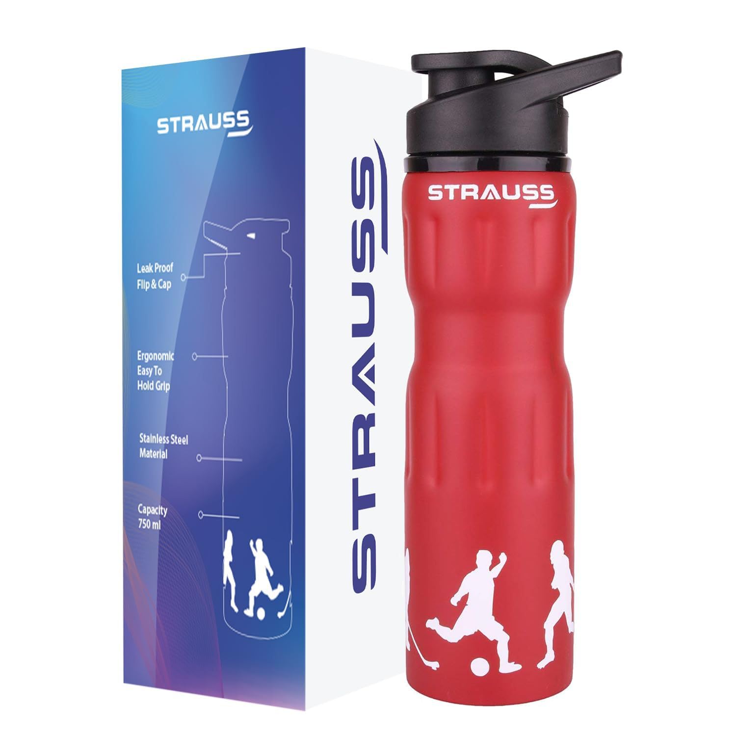 STRAUSS Stainless-Steel Water Bottle | Water Bottles for School, Office, Home & Gym | Leak Proof and BPA Free Gym Bottle | Easy to Carry | Water Bottle for Men & Women | 750 ML