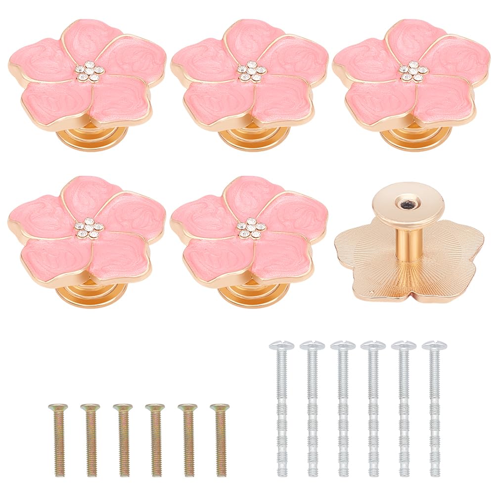 PLIGREAT 6 Pack Petal Handles Drawer Knobs Pink Flower Zinc Alloy Wardrobe Handles for Women Room Dresser Cupboard Decorative Closet Door Pulls Furniture Knobs with 12 Screws (2 Sizes)