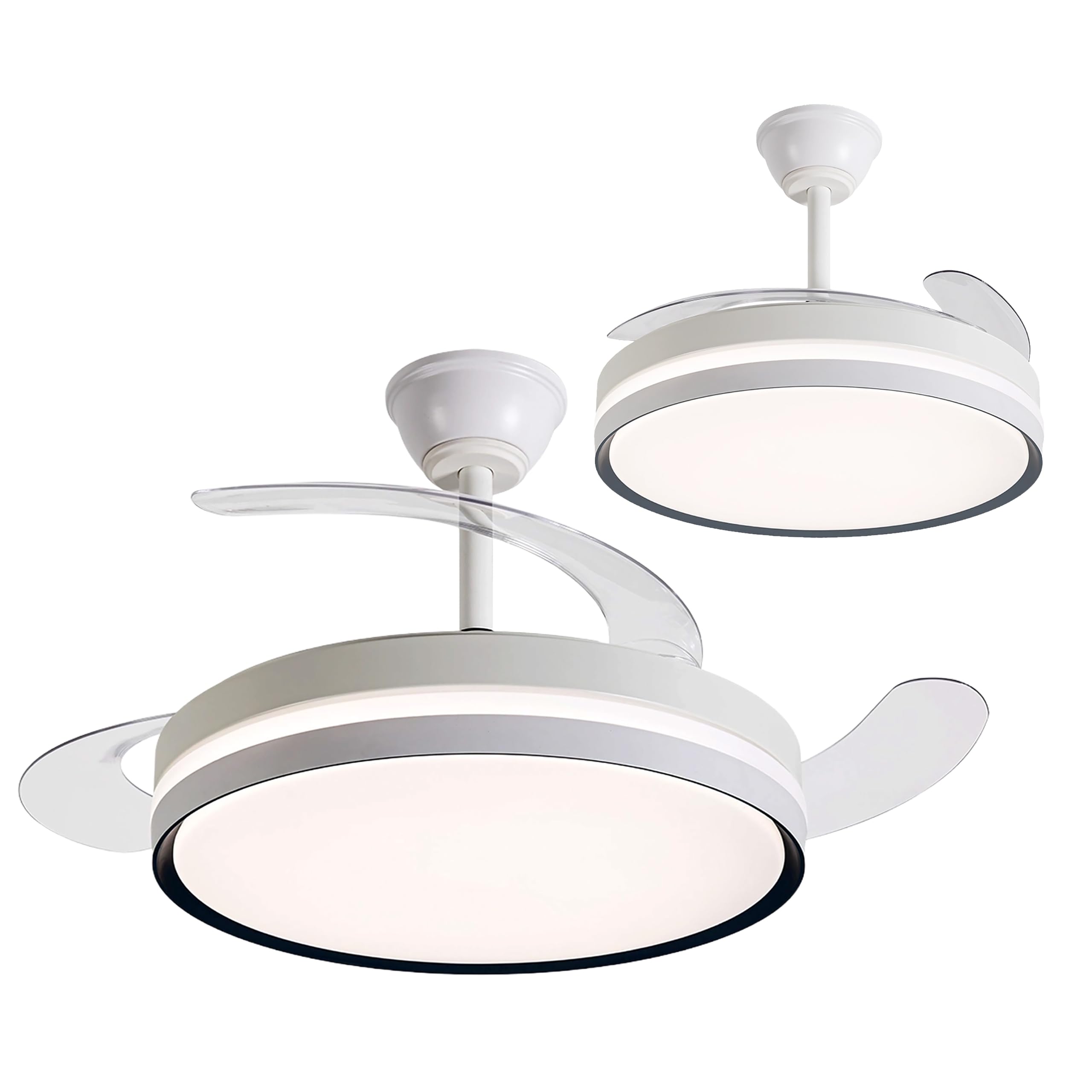 Ventilador techo, aspas retráctiles, luz regulable: BRISANOVA RETRÁCTIL. 6 Velocidades 3 tonos luz.Temporizador. Silencioso. 30W. Modo Verano/Invierno. Ø 48.5cm aspas cerradas. Ø 106cm aspas abiertas