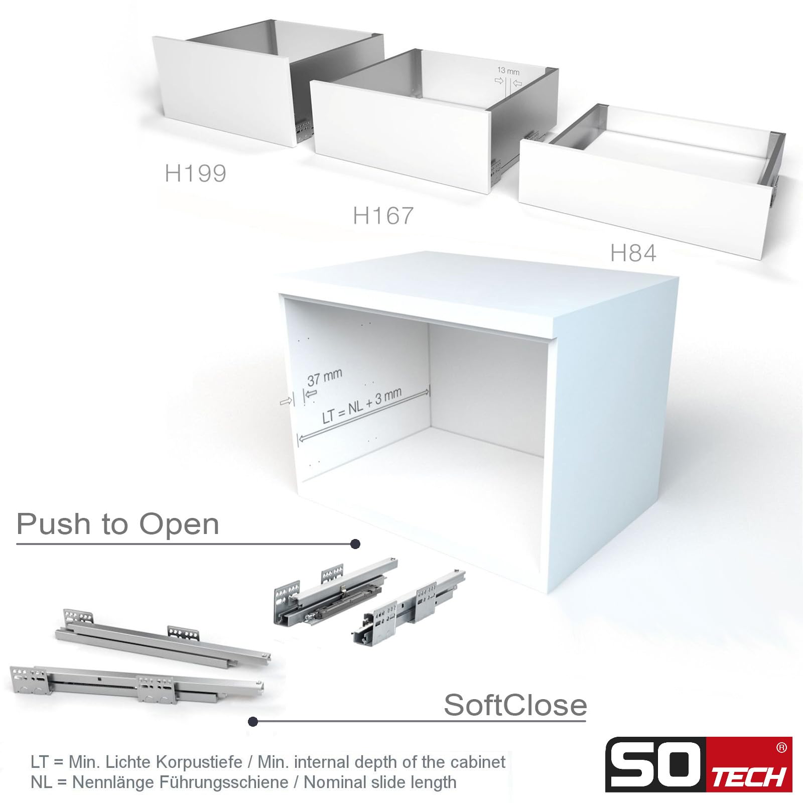 SOTECH Sistema di cassetti JUNKER SLIM con Push to Open (antracite, altezza 199 mm, profondità 450 mm, portata fino a 35 kg) cassetto con telai da 13 mm