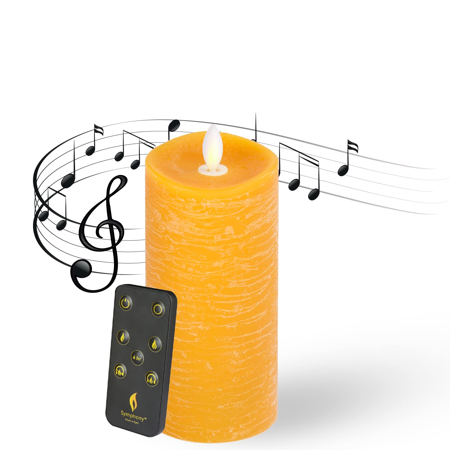 Symphony LED Flameless Candle | Signature Dark Orange Rustic 7 Inch 100% Paraffin Wax Battery Powered 500 Hour User Time with Remote Control | Music Flickering for Home, Office, Party, Bath