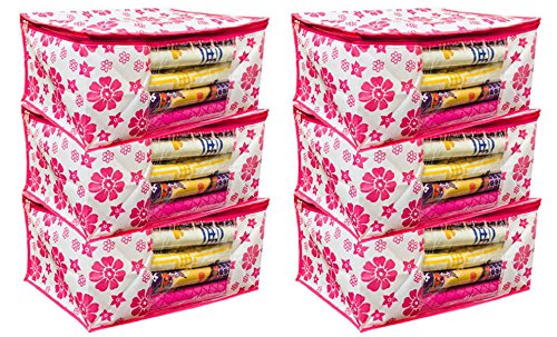 Kuber Industries Floral 6 Piece Non Woven Saree Cover, Pink