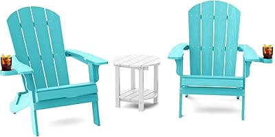 YEFU Adirondack Chair 3-Piece Set, with 2 Folding Oversized Plastic Adirondack Chairs–Aruba + an Outdoor Side Table-White with Weather Resistant for Outside Deck Lawn Garden